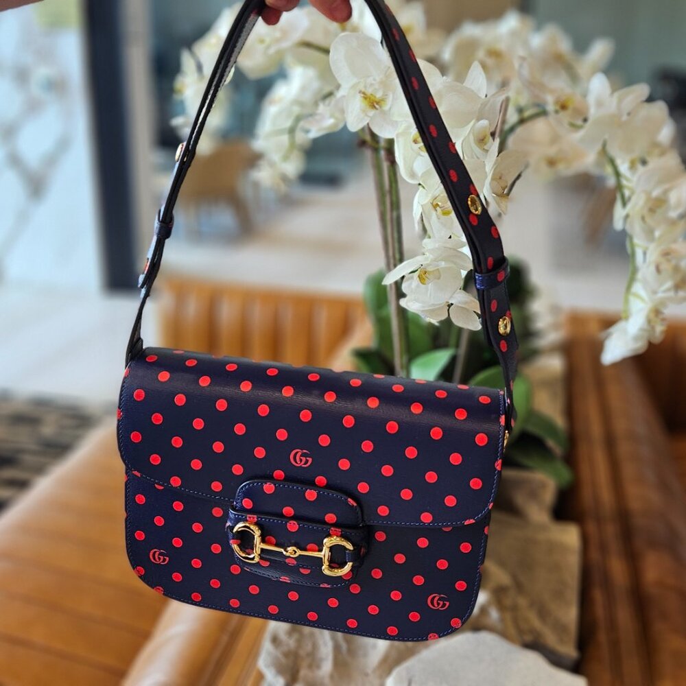 Gucci  Shangai Calfskin Polka Dot Horsebit 1955 Shoulder Bag Blue Orange New